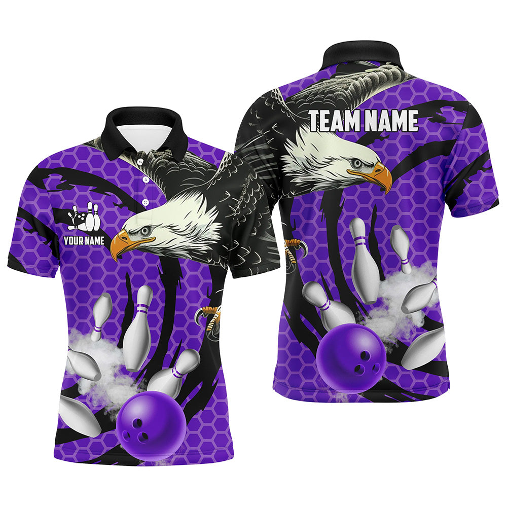Eagle bowling ball and pins Purple camo custom Men Bowling Polo Shirts, team mens bowling jersey NQS7515