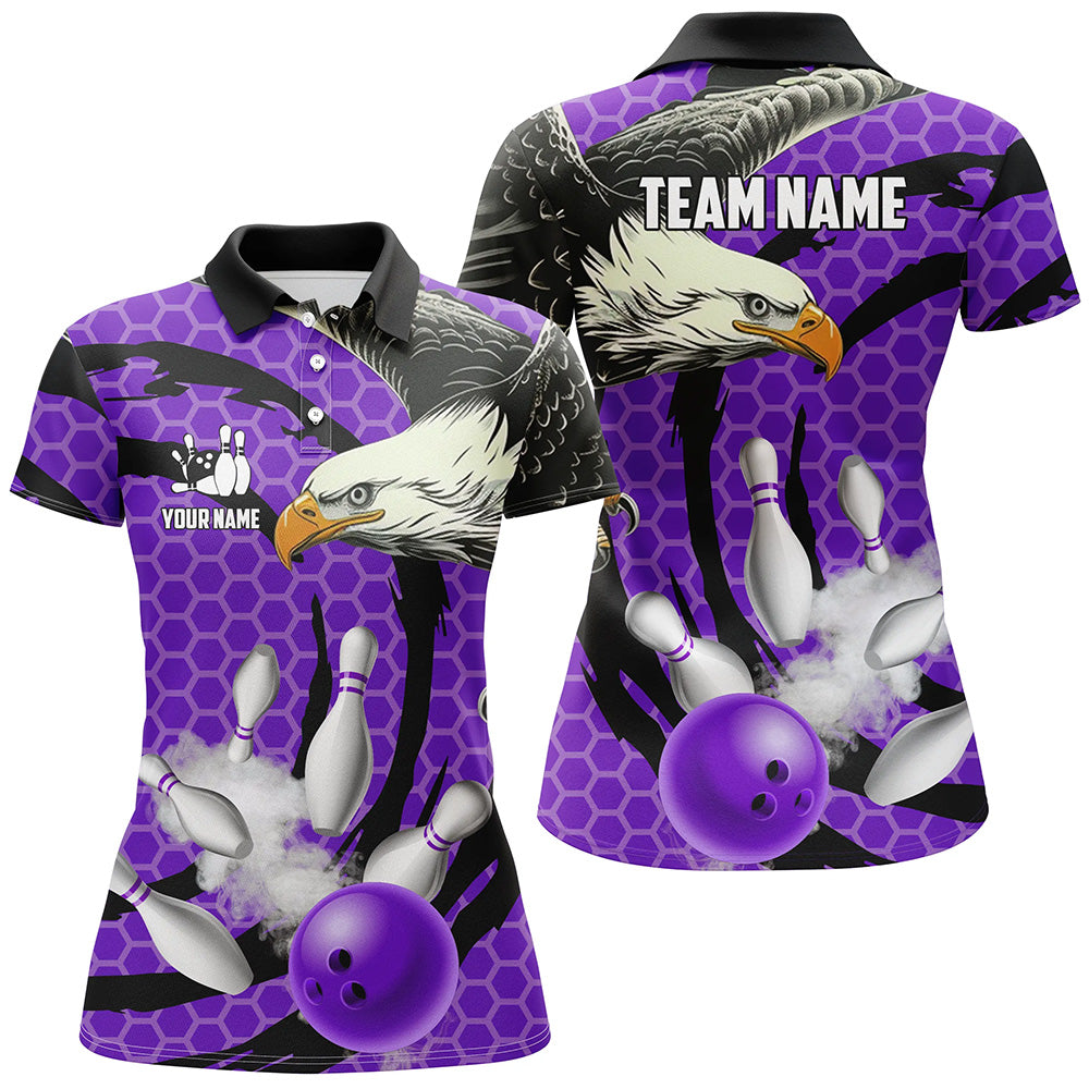 Eagle bowling ball and pins Purple camo custom Womens Bowling Polo Shirts, team ladies bowling jerseys NQS7515