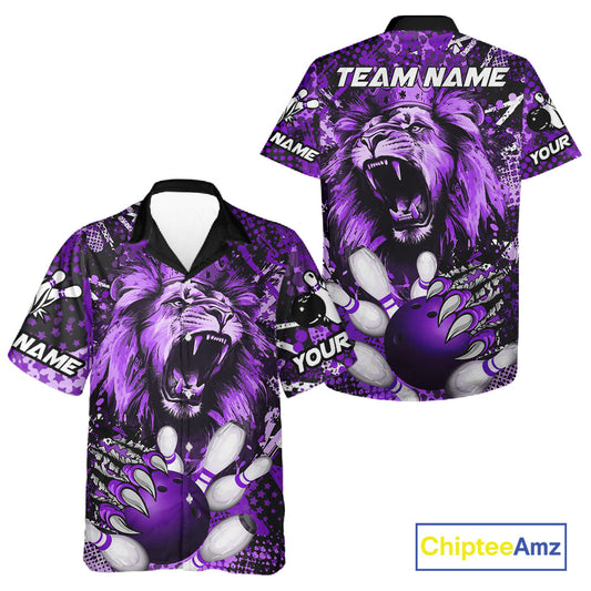 Purple Camo Lion roar Bowling Hawaiian Shirt Custom Lion Bowling Team button up shirts NQS11525
