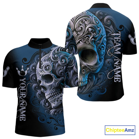 Blue and Black Skull Scroll Men Bowling Polo, Quarter Zip Shirts Custom Skull Team bowling Jersey NQS10939