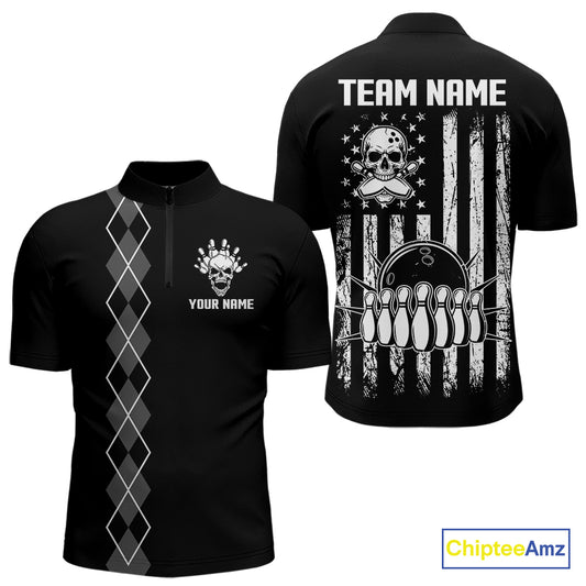 Custom Black and White argyle American Flag Skull retro Mens Bowling Shirts patriotic Team Jerseys NQS11131