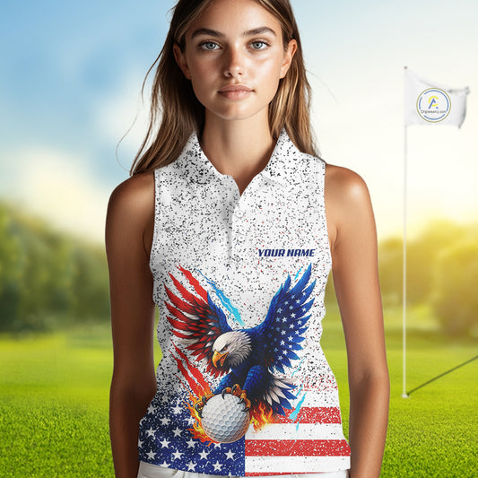 Grunge American Flag Eagle Women Sleeveless polo shirt Custom patriotic Team Golf Attire NQS11328
