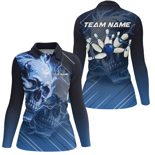 Personalized Skull Bowling Polo, Quarter zip shirts For Women Custom Team Flame Bowler Jerseys | Blue NQS7684