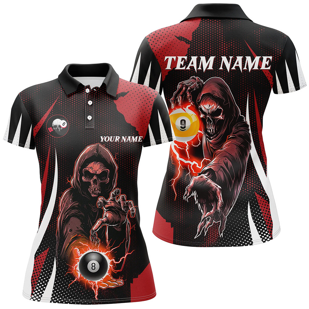 Funny Red Grim Reaper With Billiard 8 Ball & 9 Ball Women Polo Shirts Custom Billiard Team Jersey TDM1340