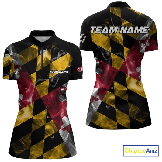 Smoke Maryland Flag Black Bowling Polo, 1/4 Zip shirt for Women Custom patriotic Team bowling jersey NQS10322