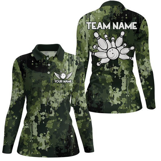 Green Camo Bowling Polo, Quarter Zip Shirts For Women Custom Bowling Team Jerseys, Gift For Bowlers NQS9058