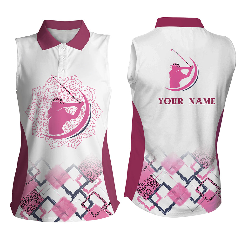 Pink leopard mandala pattern Women sleeveless polo shirt custom womens golf tanks tops for ladies NQS5590