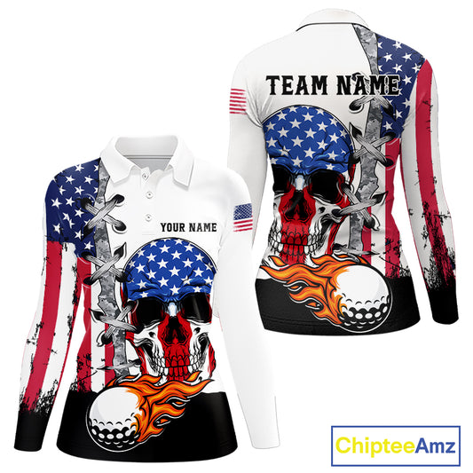 American Flag Skull Flame Golf Ball Womens Golf Polo shirts Custom Patriotic golf attire for ladies NQS11695