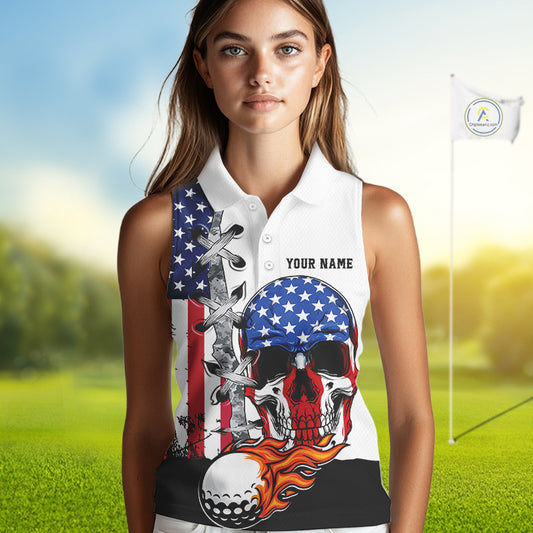 American Flag Skull Flame Golf Ball Sleeveless Golf Polo shirt Custom Patriotic golf attire for ladie NQS11695