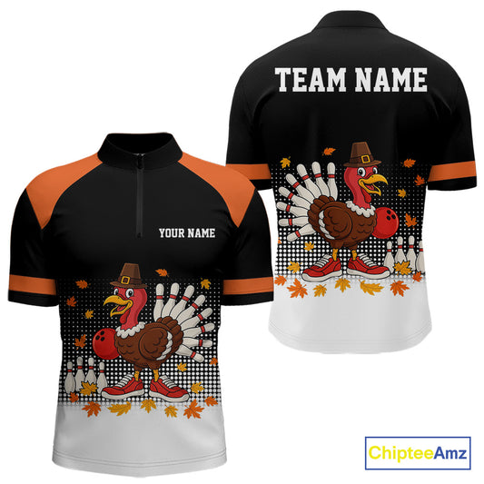 Black and Orange Turkey Bowling Polo, 1/4 Zip Shirts For Men Custom Thanksgiving team Bowling jersey NQS10779