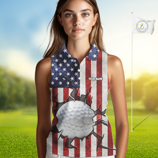 Vintage American Flag broken golf ball Women Sleeveless polos Custom patriotic Ladies Golf attire NQS10051