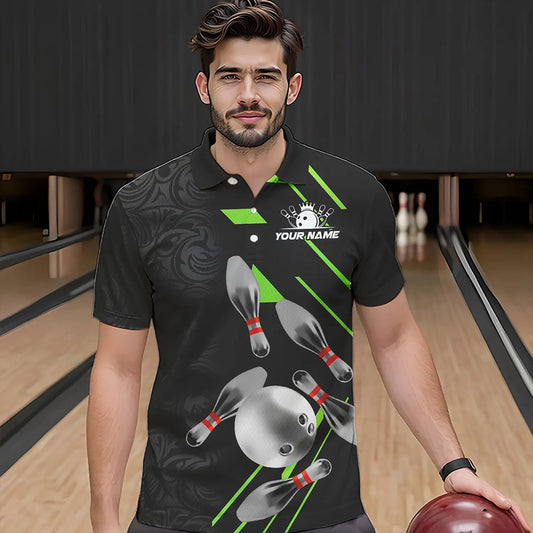 Silver Bowling Ball pins Team bowling shirts for Men custom bowling Polo, Quarter zip jersey | Green NQS9628