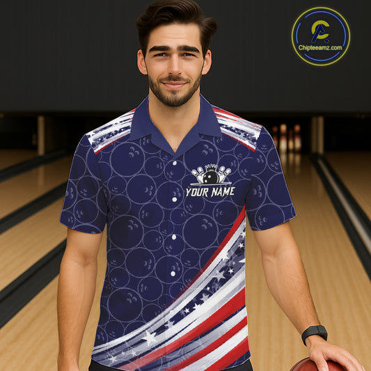 American Flag Camo Bowling Button-up Shirt Custom patriotic Bowling Team Hawaiian shirts | Navy NQS11180