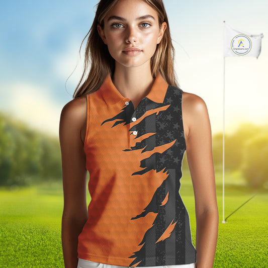 Womens sleeveless golf polos shirts orange golf ball skin black American flag ladies golf apparel NQS10070