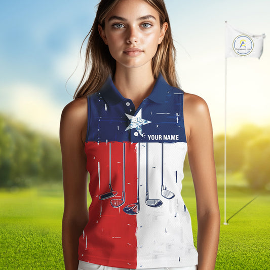 Texas Flag Golf Clubs sleeveless polo shirt Custom patriotic ladies golf top, personalized golf gifts NQS10381