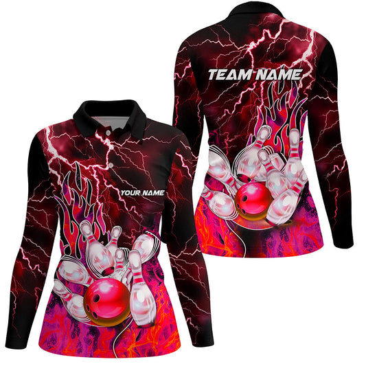 Women Bowling Polo, 1/4 Zip Shirt Custom red lightning thunder Bowling Team Jersey, gift for Bowler NQS8175