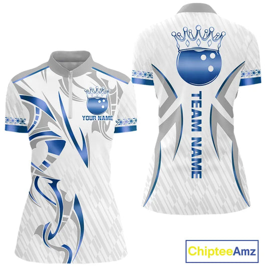 White and Blue crown Bowling ball Polo, Quarter Zip Shirts for Women Custom Bowling Team jerseys NQS11008