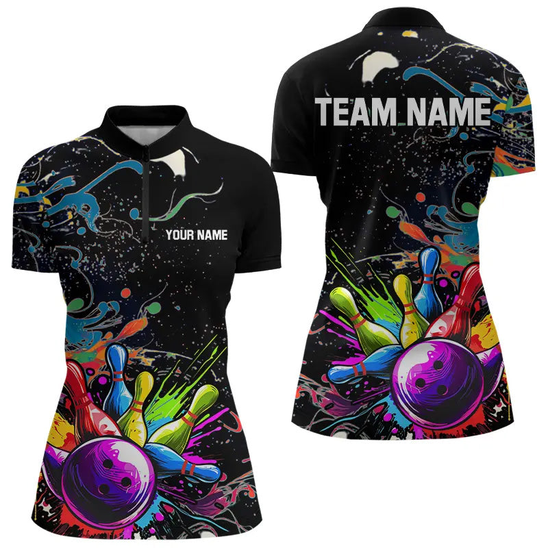 Colorful Splash Bowling Polo, Quarter Zip Shirt for Women Custom Bowling Team shirts for bowlers NQS9146