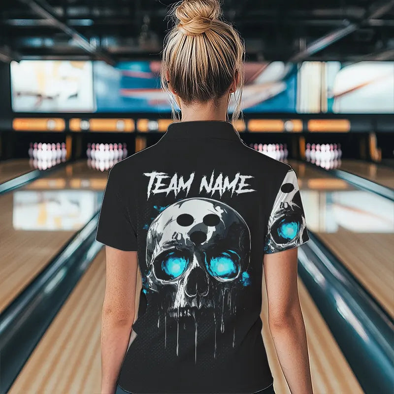 Black and Blue Skull Women's Bowling Polo, Quarter Zip shirts Custom Skull Team Bowling Jersey NQS9361