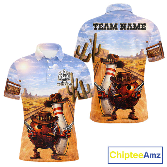 Funny desert Bowling Cowboy gun Bowling Polo, 1/4 zip shirts Custom bowling team jerseys NQS11434