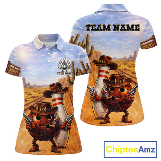 Funny desert Bowling Cowboy gun Bowling Polo, 1/4 zip shirts for Women Custom bowling team jerseys NQS11434