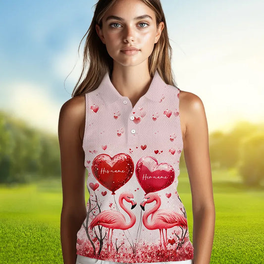 Pink Glitter Flamingo Heart Theme Women sleeveless polo shirt custom Valentines golf tops gift for her NQS9367