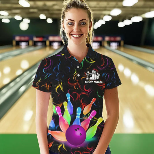 Colorful Neon Flame pattern Bowling Shirts For Women Custom Bowling Team Jerseys, Gift For Bowler NQS9374