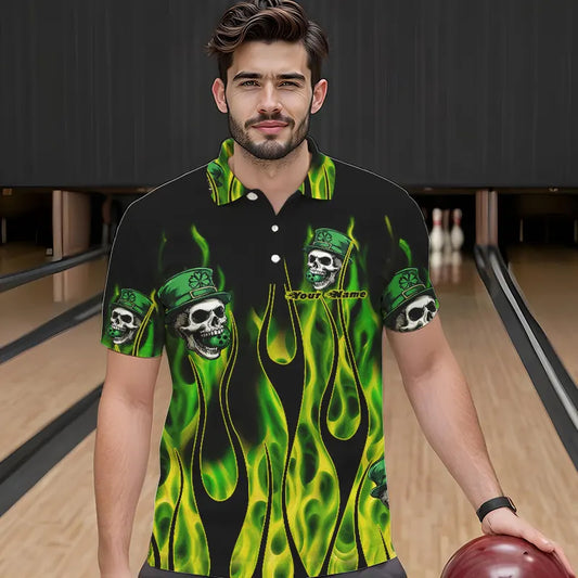 Green Flame clover skull St Patrick's Day Mens bowling shirts Custom Lucky Bowling Team Jerseys NQS9379