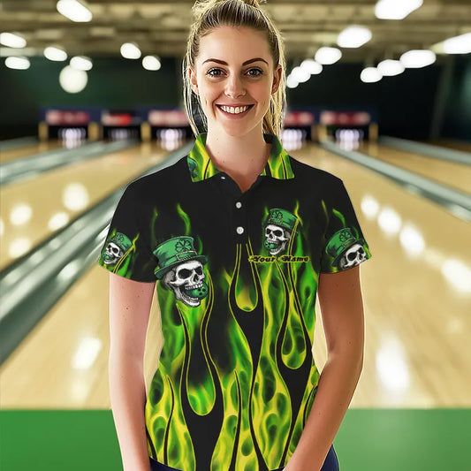 Green Flame clover skull St Patrick's Day Women bowling shirts Custom Lucky Bowling Team Jerseys NQS9379