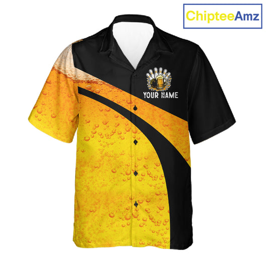 Custom Yellow Funny Beer Bowling Hawaiian Jersey Bowling Uniform Button-up Bowling Team Shirts NQS11646