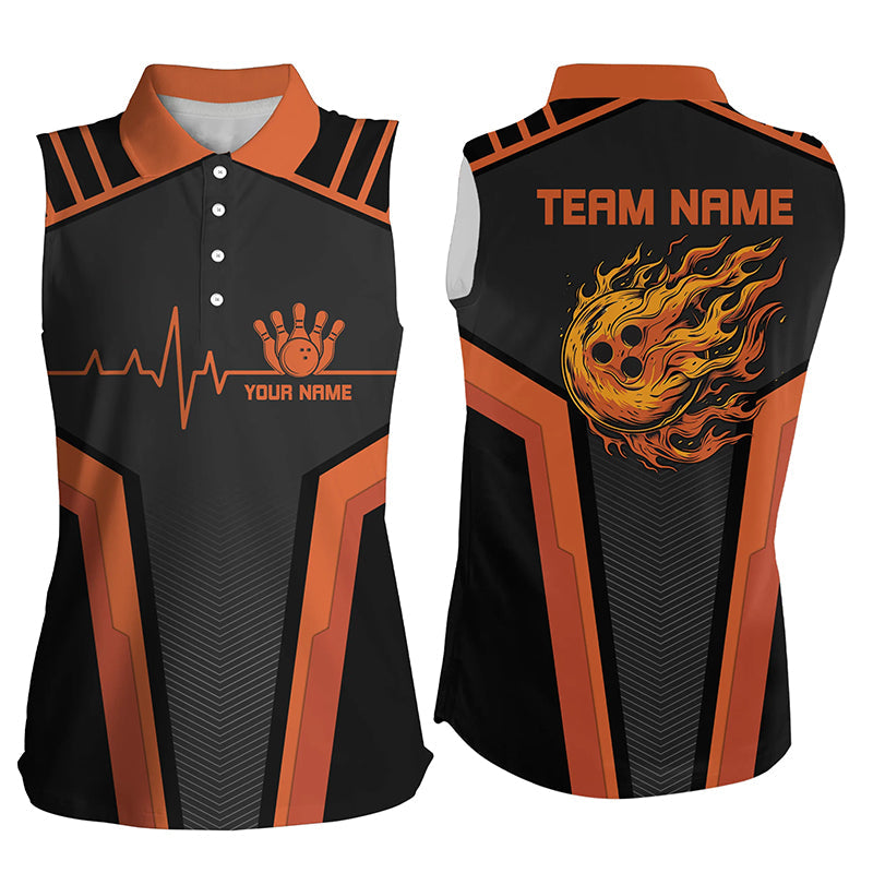 Black and orange Flame Bowling Womens sleeveless polos custom Bowling Ball Pins heartbeat team shirts NQS7827