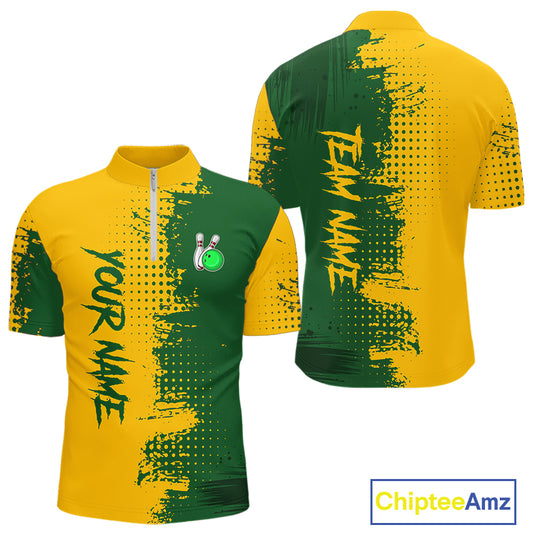 Yellow and Green Bowling Polo, Quarter Zip shirts for Men Custom Bowling Team Jerseys NQS10881
