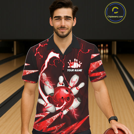 Red Thunder Lightning bowling ball and pins jersey Custom Team Bowling Hawaiian Shirt NQS11281