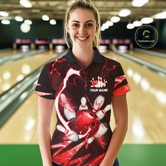 Red Thunder Lightning bowling ball and pins jersey Custom Team Bowling Polo, 1/4 Zip Shirt For Women NQS11281