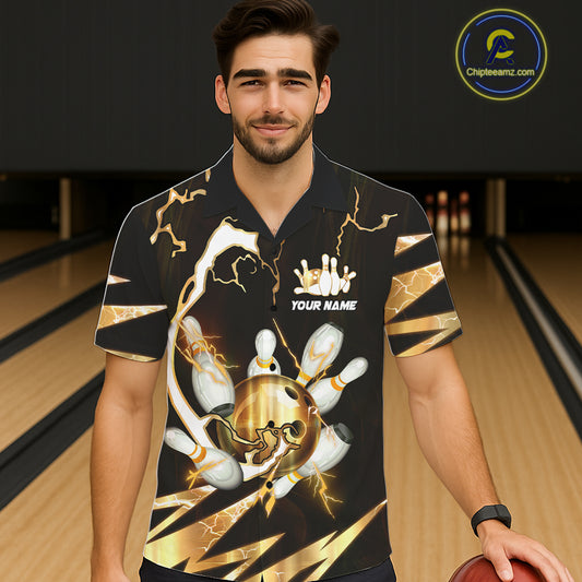 Gold Thunder Lightning bowling ball and pins jersey Custom Team Bowling Hawaiian Shirt NQS11282