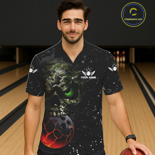 Black and Green Camo grunge American Flag Skull Bowling Hawaiian Shirt Custom Bowling Team jerseys NQS11294