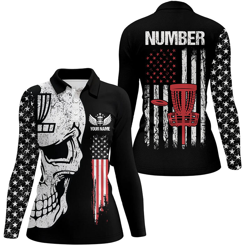 Black American flag Womens disc golf polo shirts custom name, number patriotic disc golf skull apparel NQS6205