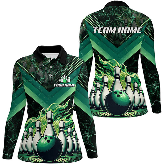 Womens Bowling polo, quarter zip shirts Custom Flame bowling team Jerseys, gift for bowlers | Green NQS7674