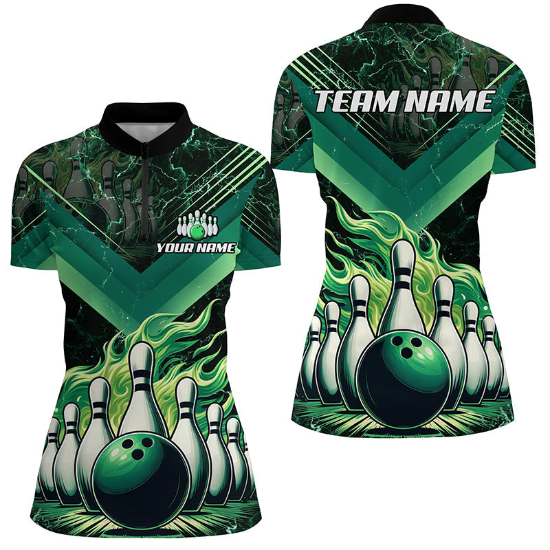 Womens Bowling polo, quarter zip shirts Custom Flame bowling team Jerseys, gift for bowlers | Green NQS7674
