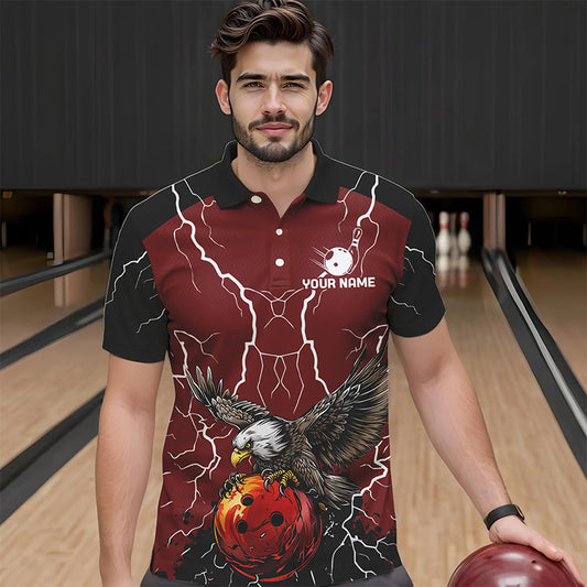 Men's bowling Polo, Quarter Zip shirts Custom Eagle bowling lightning storm team league jerseys | Red NQS9781