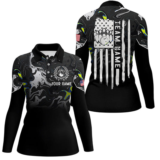 Black white camo Women bowling polo shirt Custom American flag patriotic bowling team league jerseys NQS7367