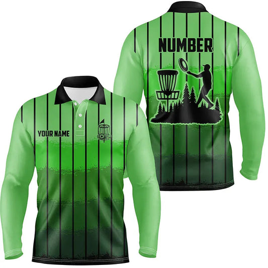 Green stripe Retro disc golf polo shirts for men custom name and number disc golf jerseys NQS9081