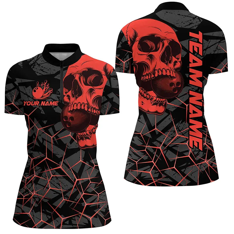 Black Skull camo bowling shirt for women custom bowling team jerseys, gifts for bowlers | Red NQS7716