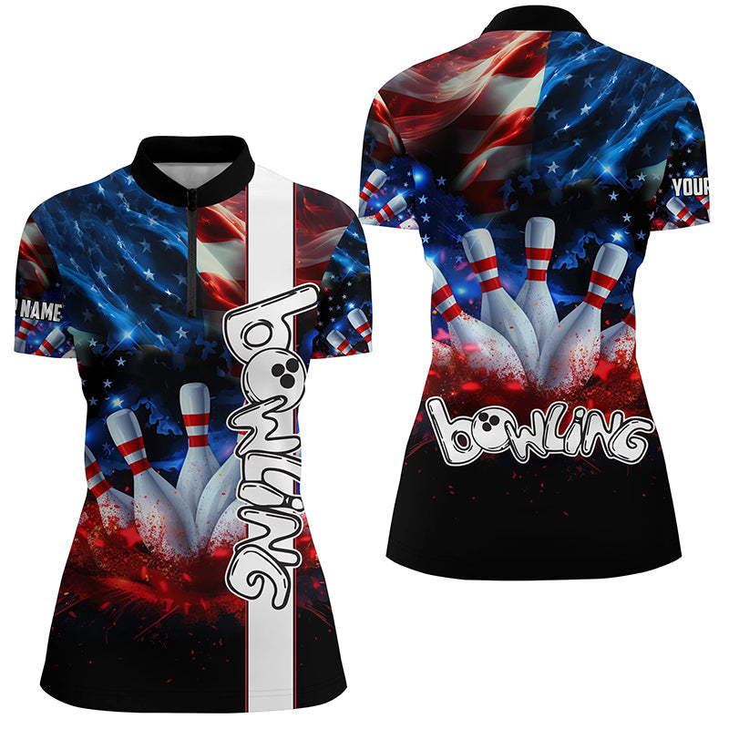 American flag bowling shirts for women custom ladies bowling team jerseys, patriotic gifts for bowlers NQS7721