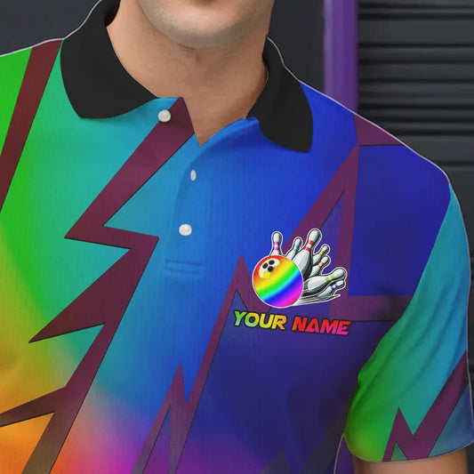 Colorful Rainbow Lightning Thunder Team bowling shirt for Men custom bowling Polo, 1/4 zip jersey NQS9627