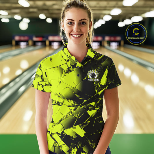 Custom Broken Glass Black and Green Neon Bowling Shirts For Women, Bowling Team League Jerseys NQS11174