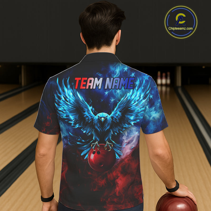 Smoke American Flag Eagle Bowling Button up Shirt Custom patriotic Hawaiian Bowling Team Jersey NQS11179