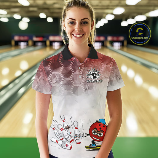 Funny Bowling Polo Shirts For Women, 1/4 zip shirts Custom Bowling Team Jerseys Gift For Bowler | Red NQS11388
