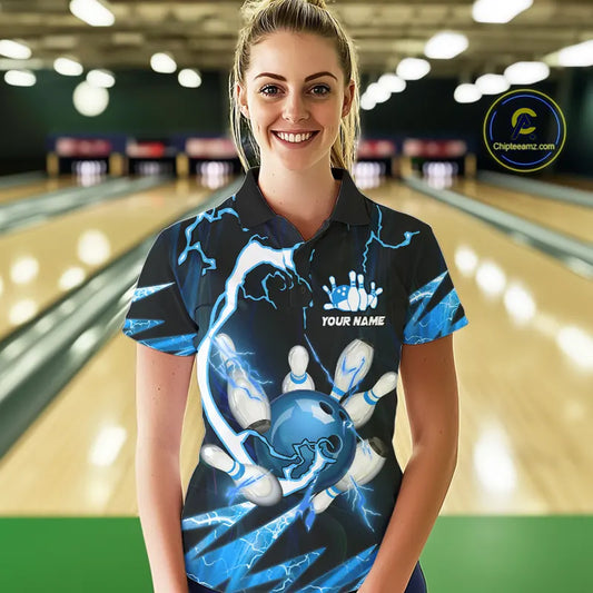 Blue Thunder Lightning bowling ball and pins jersey Custom Team Bowling Polo, 1/4 Zip Shirts For Women NQS9831