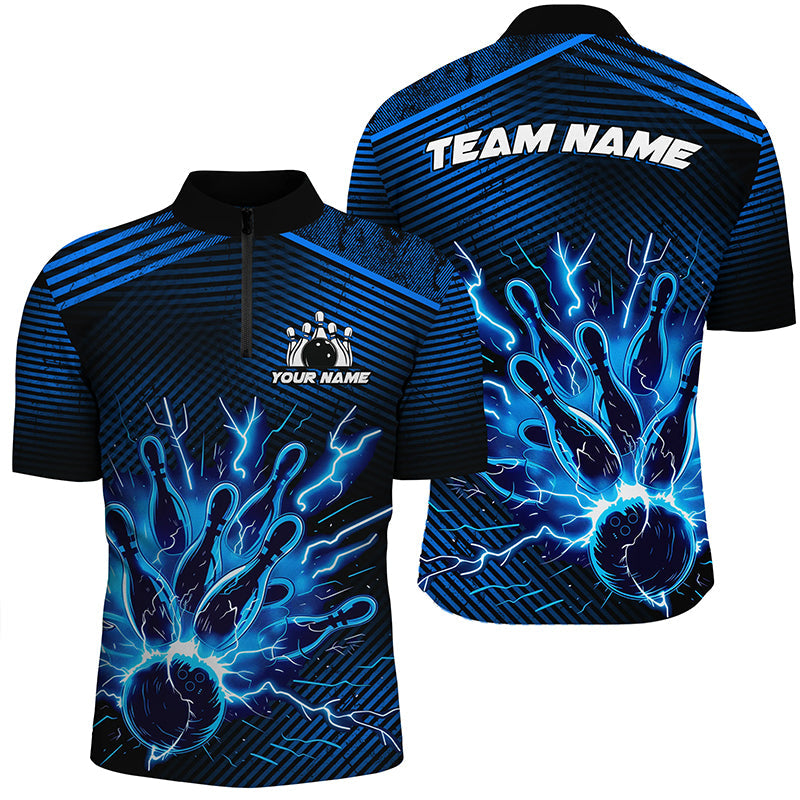 Blue lightning thunder bowling Polo, Quarter Zip shirts for men Custom Bowling Team League Jerseys NQS7750